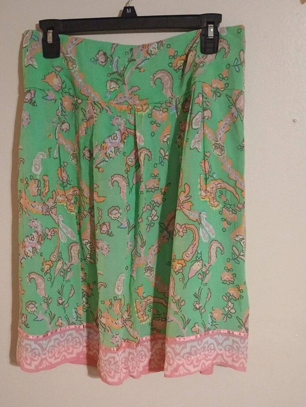 Harold's Green & Pink Paisley Floral Skirt with Pink Border Flowy Feminine